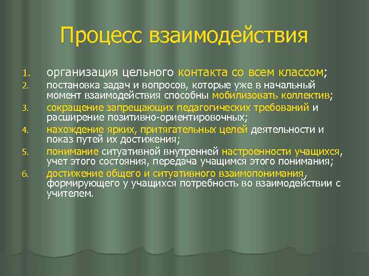 Процесс взаимодействия 1. 2. 3. 4. 5. 6. организация цельного контакта со всем классом;