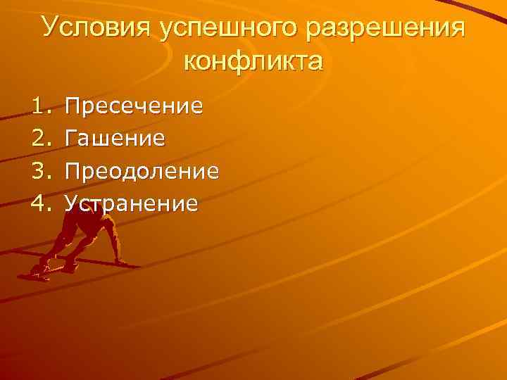 Условия успешного разрешения конфликта 1. 2. 3. 4. Пресечение Гашение Преодоление Устранение 