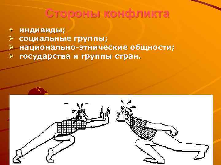 Стороны конфликта индивиды; Ø социальные группы; Ø национально-этнические общности; Ø государства и группы стран.