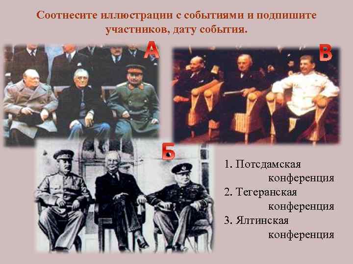 Соотнесите иллюстрации с событиями и подпишите участников, дату события. 1. Потсдамская конференция 2. Тегеранская