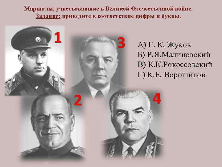 Маршалы, участвовавшие в Великой Отечественной войне. Задание: приведите в соответствие цифры и буквы. 1