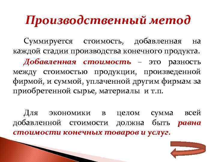 Производственный метод Суммируется стоимость, добавленная на каждой стадии производства конечного продукта. Добавленная стоимость –