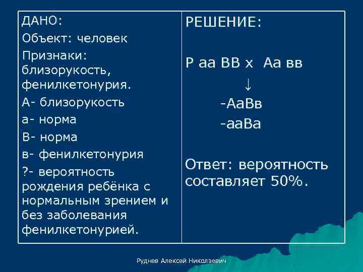 ДАНО: Объект: человек Признаки: близорукость, фенилкетонурия. А- близорукость а- норма В- норма в- фенилкетонурия