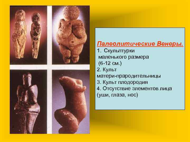 Палеолитические Венеры. 1. Скульптурки маленького размера (6 -12 см. ) 2. Культ матери-прародительницы 3.