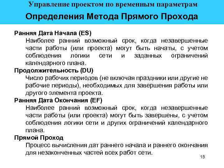  Управление проектом по временным параметрам Определения Метода Прямого Прохода Ранняя Дата Начала (ES)