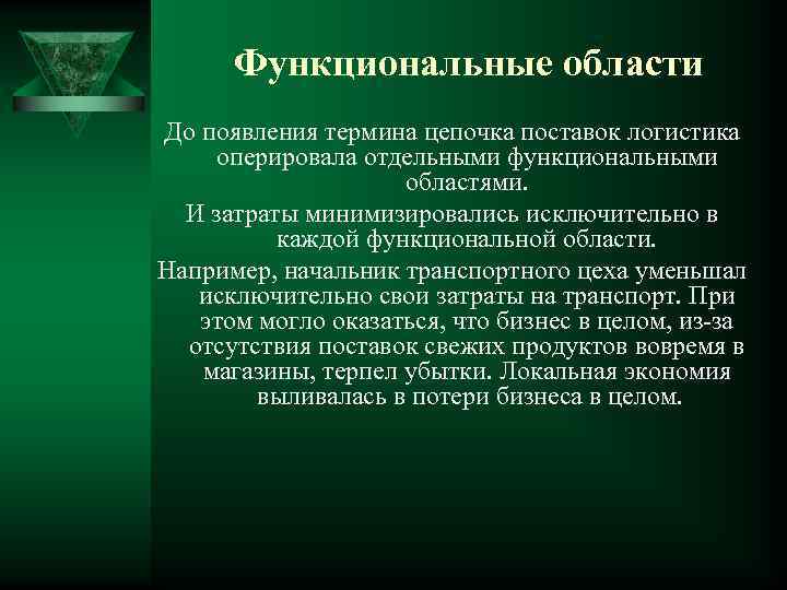 Функциональные области До появления термина цепочка поставок логистика оперировала отдельными функциональными областями. И затраты