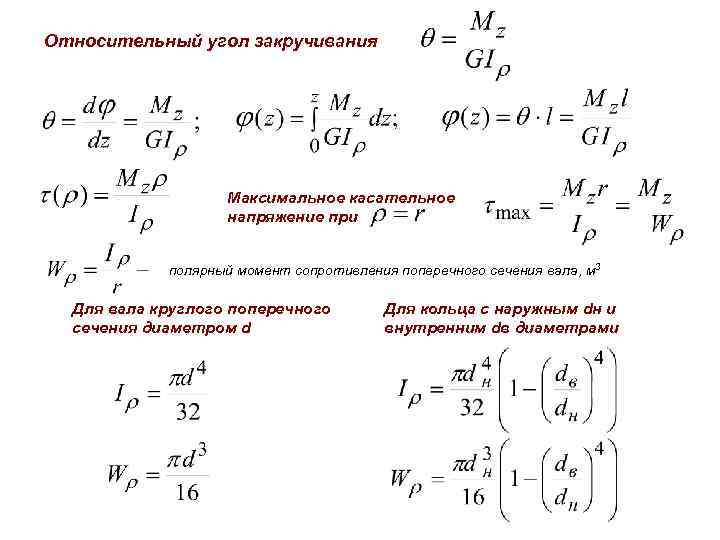 Относительный угол закручивания Максимальное касательное напряжение при полярный момент сопротивления поперечного сечения вала, м