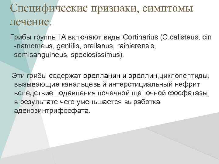 Специфические признаки, симптомы лечение. Грибы группы IA включают виды Cortinarius (C. calisteus, cin -namomeus,
