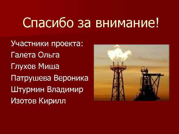 Спасибо за внимание! Участники проекта: Галета Ольга Глухов Миша Патрушева Вероника Штурмин Владимир Изотов
