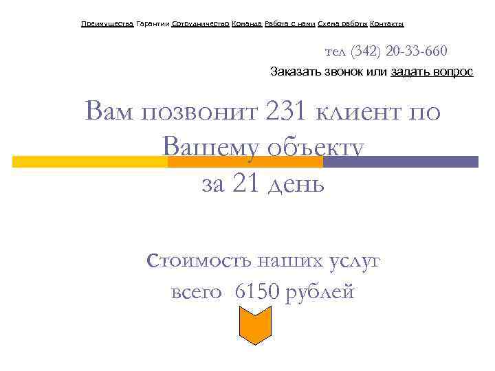 Преимущества Гарантии Сотрудничество Команда Работа с нами Схема работы Контакты тел (342) 20 -33