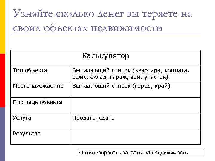 Узнайте сколько денег вы теряете на своих объектах недвижимости Калькулятор Тип объекта Выпадающий список
