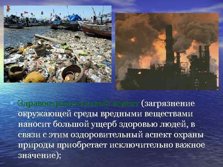  • Здравоохранительный аспект (загрязнение окружающей среды вредными веществами наносит большой ущерб здоровью людей,