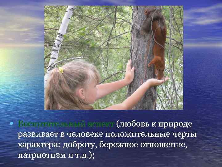  • Воспитательный аспект (любовь к природе развивает в человеке положительные черты характера: доброту,