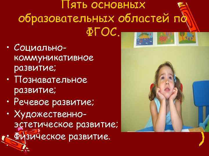 Пять основных образовательных областей по ФГОС. • Социальнокоммуникативное развитие; • Познавательное развитие; • Речевое