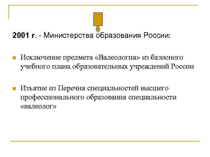 2001 г. - Министерства образования России: n Исключение предмета «Валеология» из базисного учебного плана