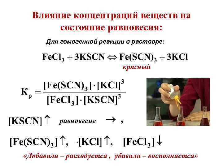 Влияние концентраций веществ на состояние равновесия: Для гомогенной реакции в растворе: красный равновесие «Добавили