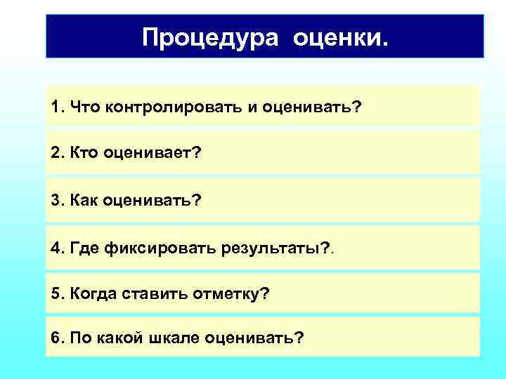 Процедура оценки. 1. Что контролировать и оценивать? 2. Кто оценивает? 3. Как оценивать? 4.