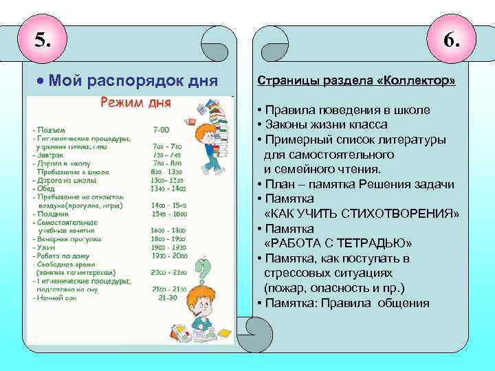 5. Мой распорядок дня 6. Страницы раздела «Коллектор» • Правила поведения в школе •