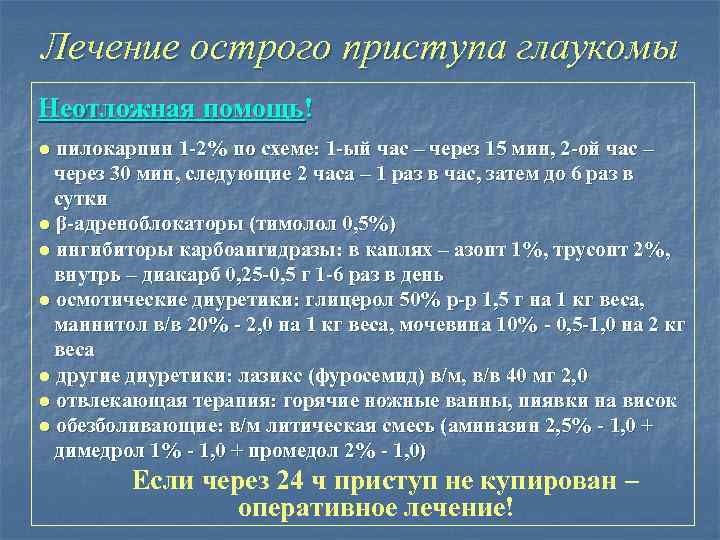 Лечение острого приступа глаукомы Неотложная помощь! ● пилокарпин 1 -2% по схеме: 1 -ый