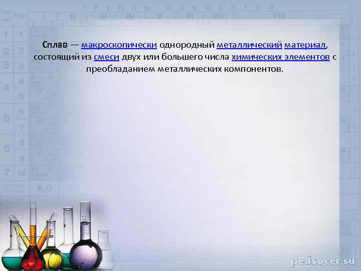 Сплав — макроскопически однородный металлический материал, состоящий из смеси двух или большего числа химических