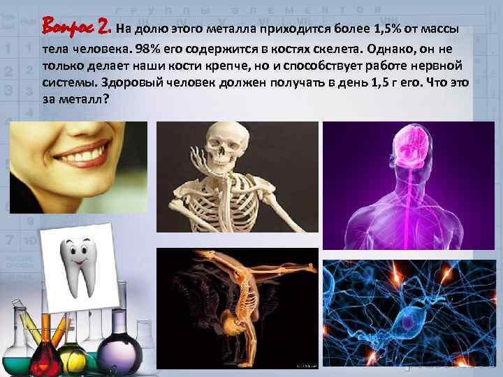 Вопрос 2. На долю этого металла приходится более 1, 5% от массы тела человека.