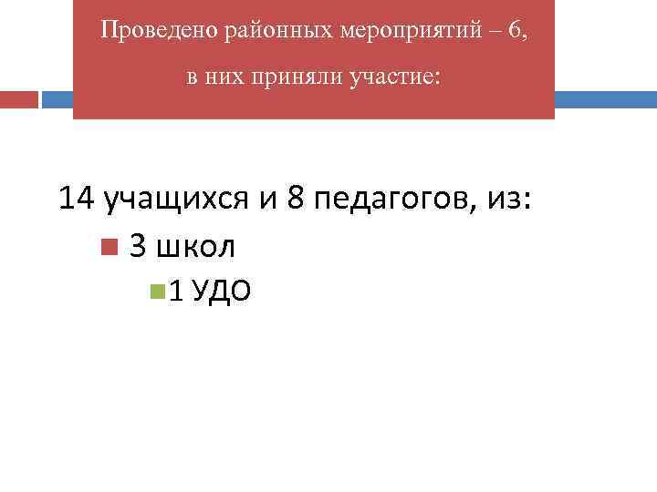 Проведено районных мероприятий – 6, в них приняли участие: 14 учащихся и 8 педагогов,