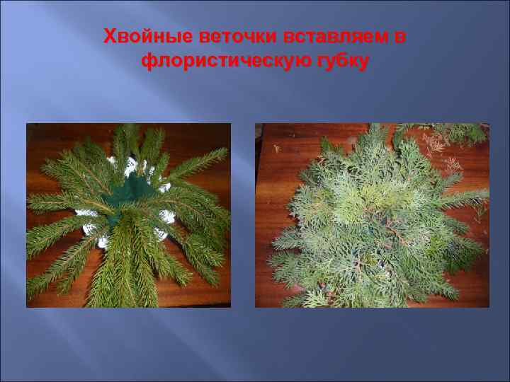 Хвойные веточки вставляем в флористическую губку 