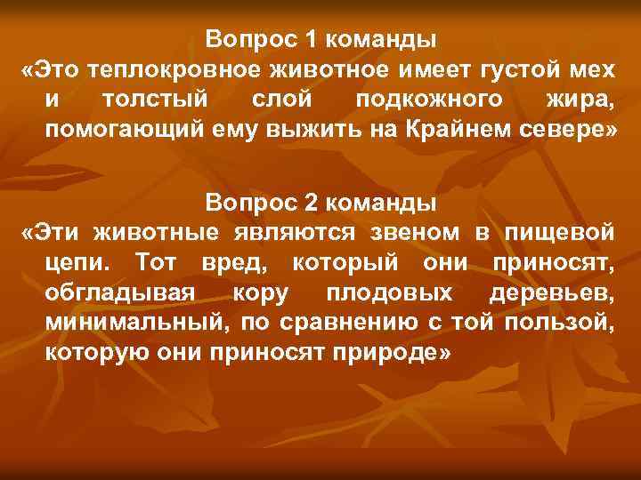 Вопрос 1 команды «Это теплокровное животное имеет густой мех и толстый слой подкожного жира,