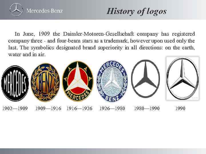 History of logos In June, 1909 the Daimler-Motoren-Gesellschaft company has registered company three -