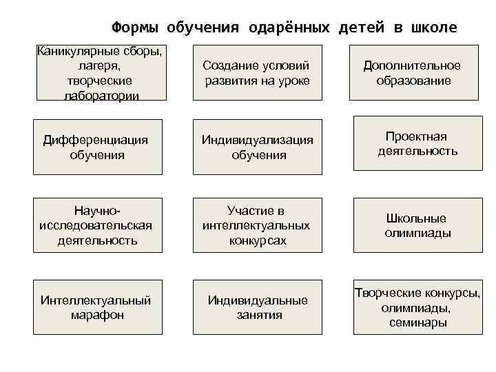 Формы обучения одарённых детей в школе Каникулярные сборы, лагеря, творческие лаборатории Создание условий развития