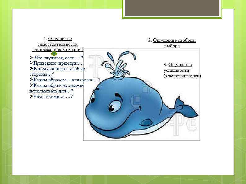 1. Ощущение самостоятельности процесса поиска знаний Ø Что случится, если…. ? ØПриведите примеры…. ØВ