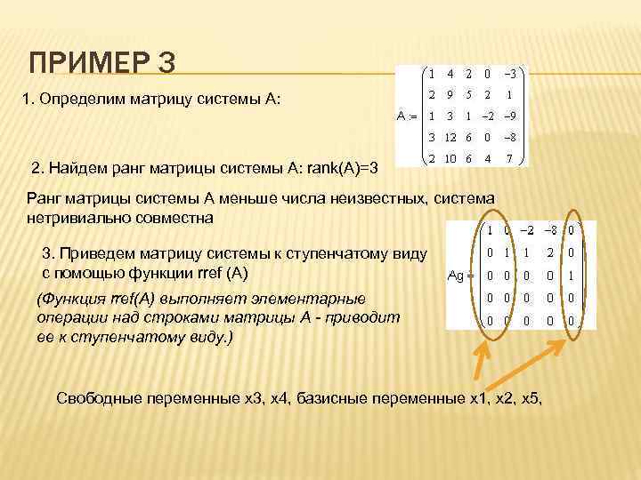 ПРИМЕР 3 1. Определим матрицу системы A: 2. Найдем ранг матрицы системы A: rank(A)=3