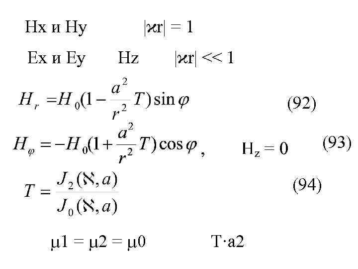 Нх и Ну Ех и Еу |ϰr| = 1 Нz |ϰr| << 1 (92)