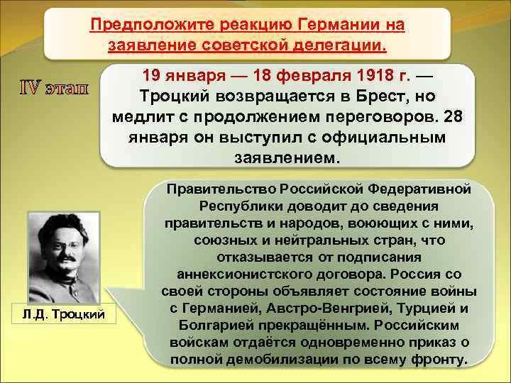 Предположите реакцию Германии на Брестский мир заявление советской делегации. IV этап Л. Д. Троцкий