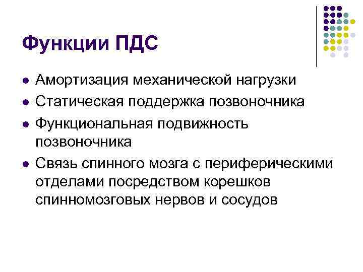 Функции ПДС l l Амортизация механической нагрузки Статическая поддержка позвоночника Функциональная подвижность позвоночника Связь