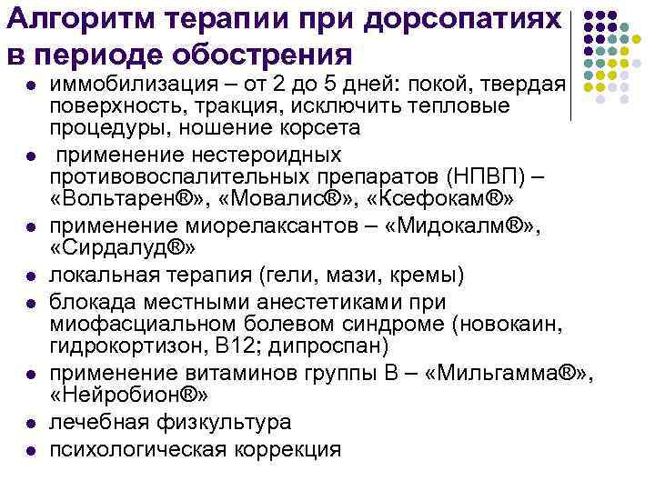 Алгоритм терапии при дорсопатиях в периоде обострения l l l l иммобилизация – от