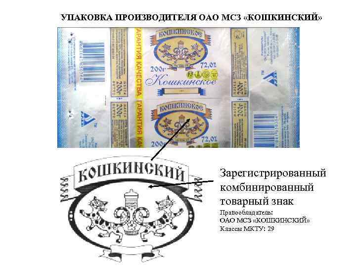 УПАКОВКА ПРОИЗВОДИТЕЛЯ ОАО МСЗ «КОШКИНСКИЙ» Зарегистрированный комбинированный товарный знак Правообладатель: ОАО МСЗ «КОШКИНСКИЙ» Классы