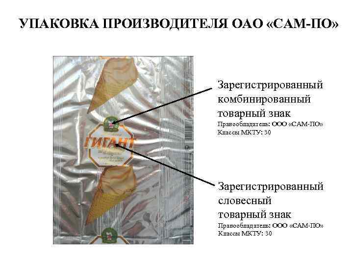 УПАКОВКА ПРОИЗВОДИТЕЛЯ ОАО «САМ-ПО» Зарегистрированный комбинированный товарный знак Правообладатель: ООО «САМ-ПО» Классы МКТУ: 30