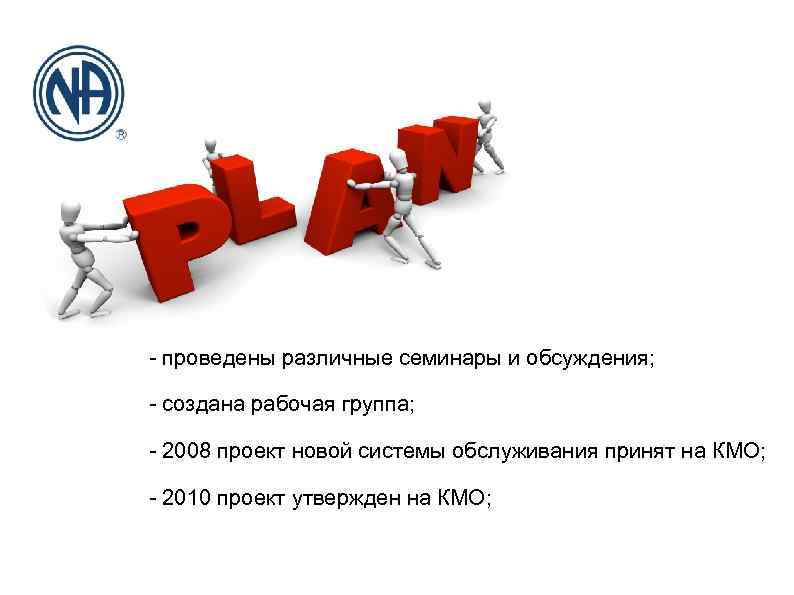 - проведены различные семинары и обсуждения; - создана рабочая группа; - 2008 проект новой