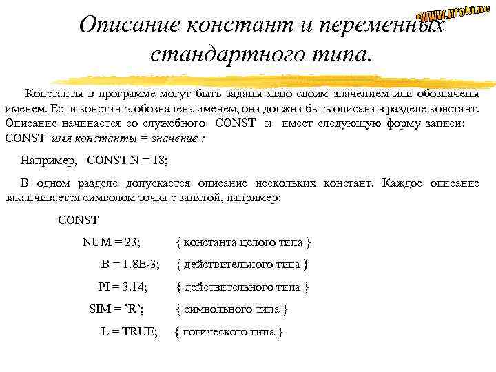 Описание констант и переменных стандартного типа. Константы в программе могут быть заданы явно своим