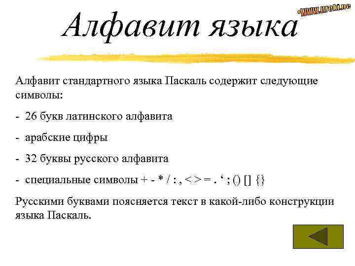Алфавит языка Алфавит стандартного языка Паскаль содержит следующие символы: - 26 букв латинского алфавита