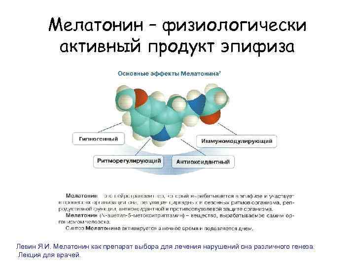 Мелатонин – физиологически активный продукт эпифиза Левин Я. И. Мелатонин как препарат выбора для