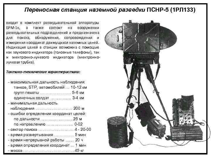 Переносная станция наземной разведки ПСНР-5 (1 РЛ 133) входит в комплект разведывательной аппаратуры БРМ-1