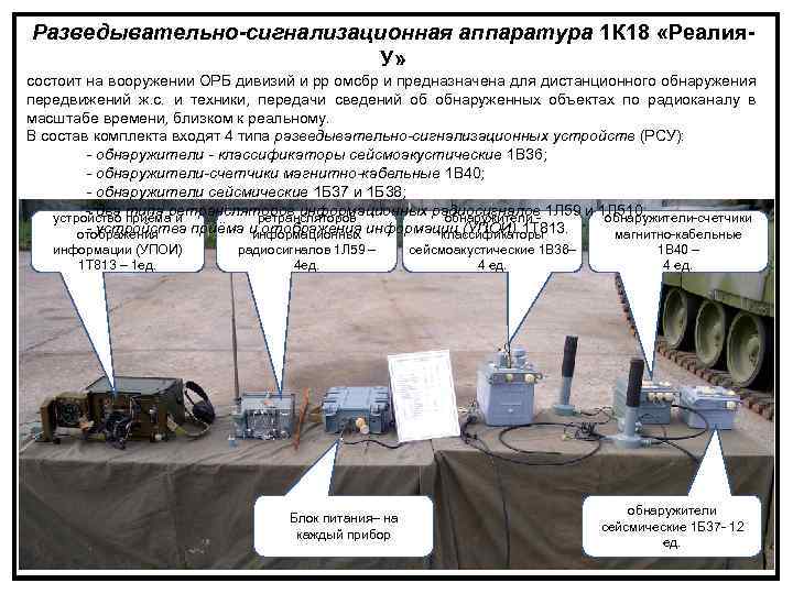 Разведывательно-сигнализационная аппаратура 1 К 18 «Реалия. У» состоит на вооружении ОРБ дивизий и рр