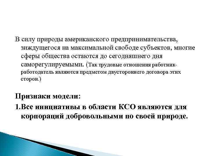 В силу природы американского предпринимательства, зиждущегося на максимальной свободе субъектов, многие сферы общества остаются