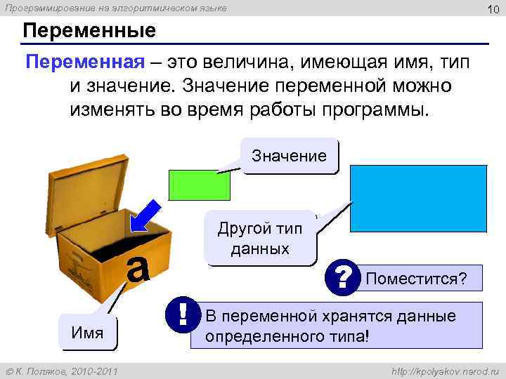 Программирование на алгоритмическом языке 10 Переменные Переменная – это величина, имеющая имя, тип и