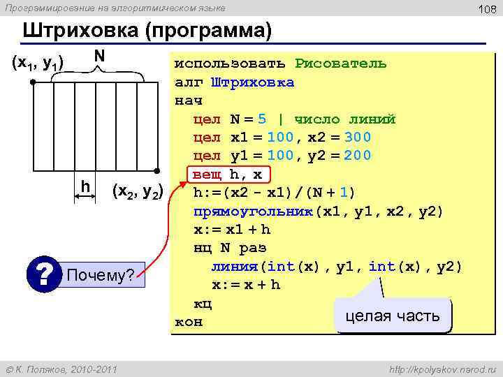 Программирование на алгоритмическом языке 108 Штриховка (программа) (x 1, y 1) ? N использовать