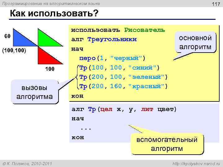 Программирование на алгоритмическом языке 117 Как использовать? 60 (100, 100) 100 вызовы алгоритма использовать