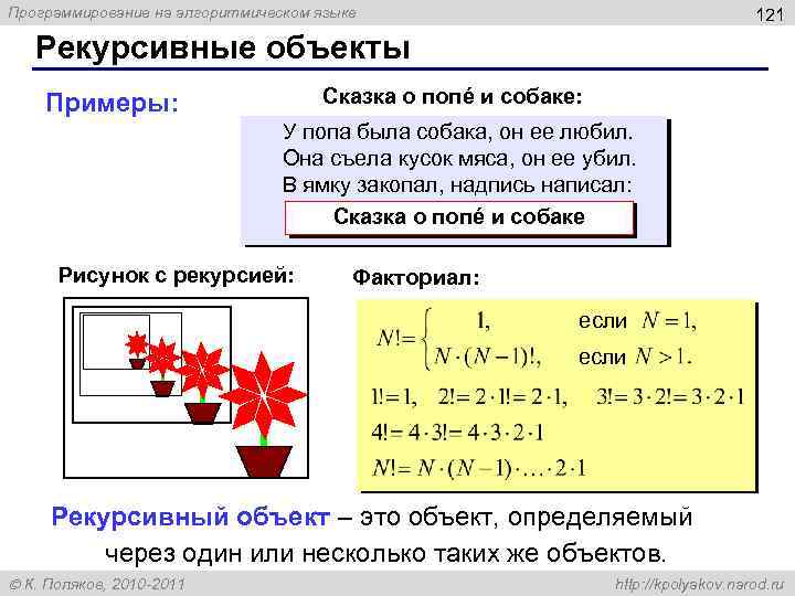 Программирование на алгоритмическом языке 121 Рекурсивные объекты Сказка о попé и собаке: Примеры: У