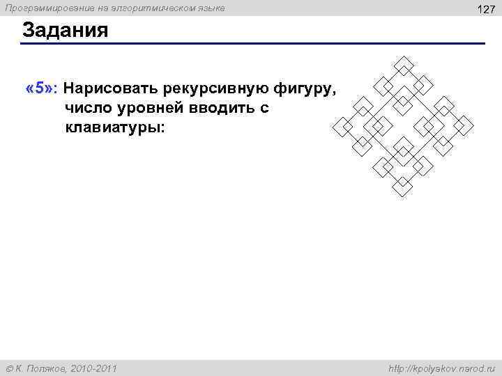 Программирование на алгоритмическом языке 127 Задания « 5» : Нарисовать рекурсивную фигуру, число уровней